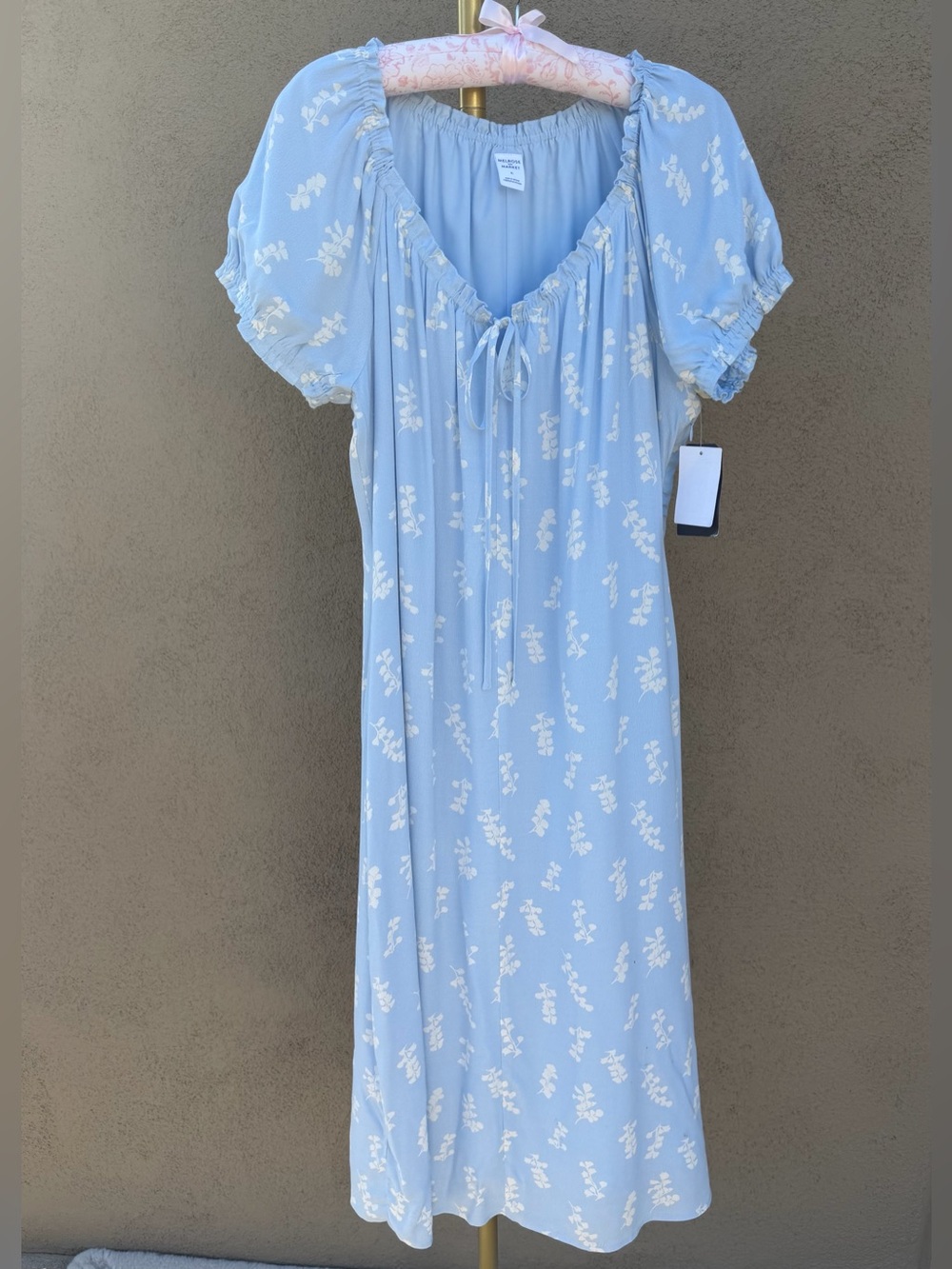 Melrose and Market Blue Floral Puff Sleeve Flowy Midi Dress Coquette Cottagecore